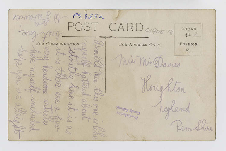 Postcard to Miss Min Davies from W. J. Davies featuring a photograph of ...