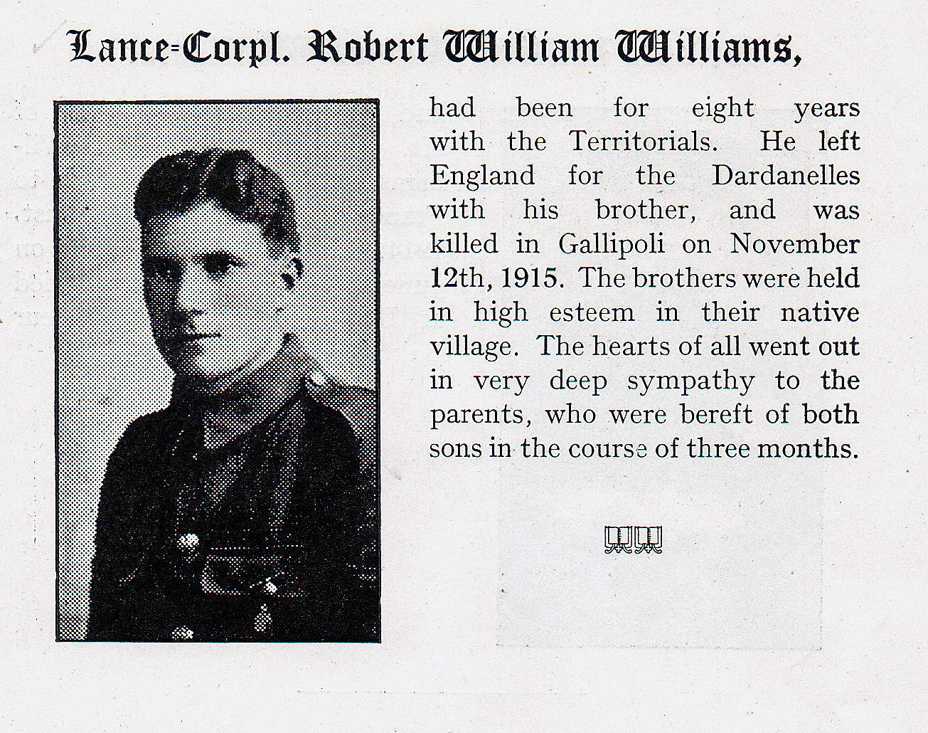 Gallipoli - LCpl Robert Williams - Penmaenmawr Quarry Boy Killed by a  Sniper Gallipoli 12th November 1915 | Peoples Collection Wales