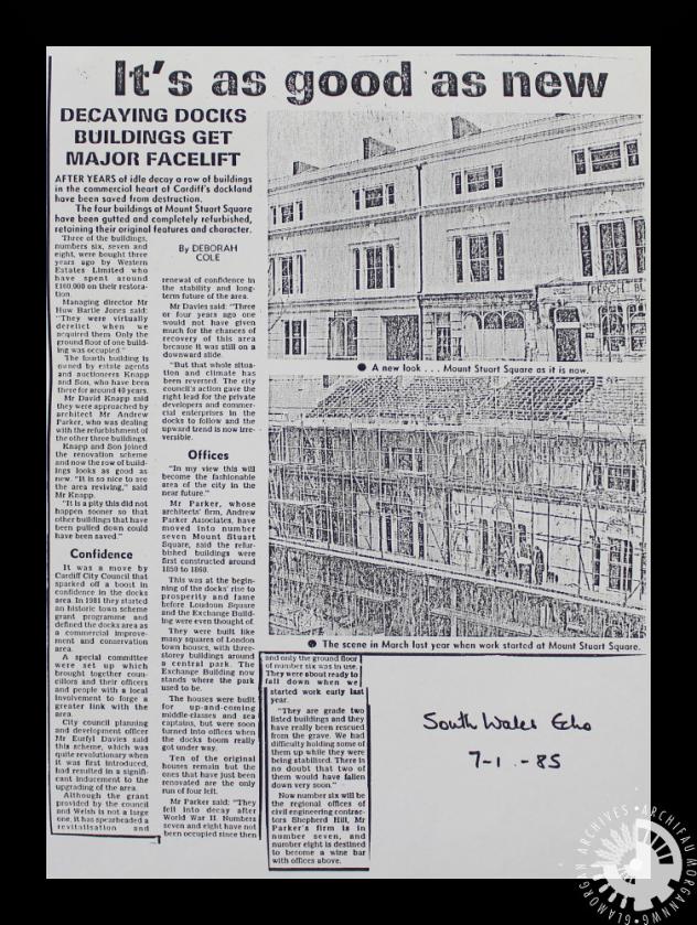A newspaper article reporting on the restoration of four buildings at Mount  Stuart Square, Cardiff Bay, Cardiff, 07 January 1985 | Peoples Collection  Wales