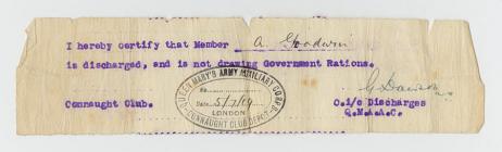 Discharge note - Queen Mary's Auxiliary Corps