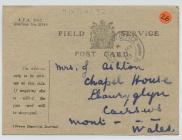 A field card sent home from the First World War...
