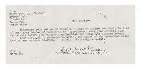 Letter sent to   Private David John Thomas from...