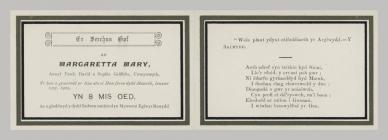 Memorial Card details for Margaretta Mary...