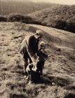 Farmer, nephew and dog, Betws Ffarm, Nebo,...