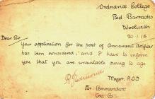Alfred Lee letter of rejection from Ordnance...
