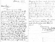 J Williams letter thanking Zoar chapel, 1918