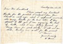 W Harris letter thanking Zoar chapel, 1918