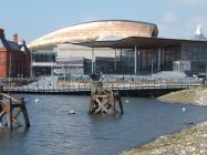 Welsh Assembly building from across water to...