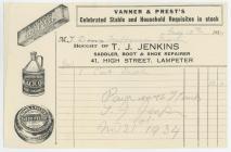 Shop Receipt from T.J.Jenkins, Lampeter