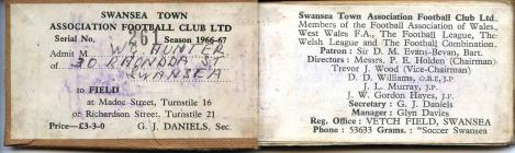 Swansea Town A.F.C. Season Ticket 1966-67