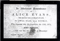 Funeral card of Alice Evans, Tan Y Ffos,...