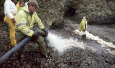 Cleaning oil off a Pembrokeshire Beach after...