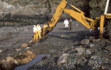 Digging trenches to collect crude oil on a...