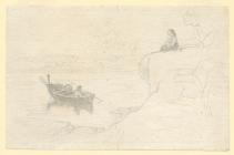 ‘Mother and child on rock, boat and lake below’...