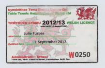 Table Tennis Wales Membership Card 2013