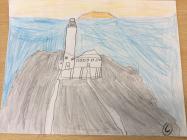 South stack drawing with sunset
