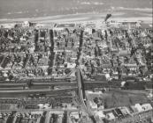 Aerial view of Rhyl Town Centre showing Railway...