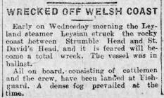 WRECKED OFF WELSH COAST (1917)