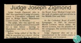 Newspaper obituary of Judge Joseph Zigmond in...