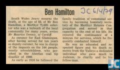 Newspaper obituary of Ben Hamilton, Merthyr...