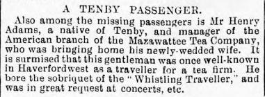 Henry Adams, Tenby, on the LUSITANIA