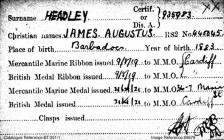 Medal card for James Headley from Barbados