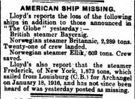 AMERICAN SHIP MISSING. 