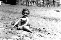Jean Frost on the beach, Rhyl, 1956