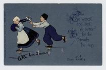 Postcard of two Dutch children skating, with...