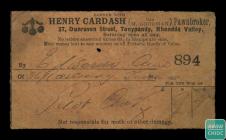 Pawnbroker ticket and stub from  Henry Cardash...