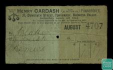 Pawnbroker ticket and stub from  Henry Cardash...