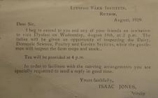 Llysfasi Farm Institute Invitation 14.08.1929