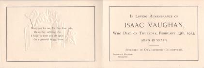 Remembrance card: Isaac Vaughan, 1913, head...