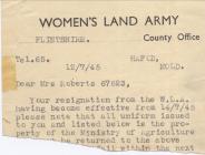 Women's Land Army registration, Hafod,...