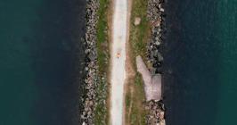 Aerial view of a section of the breakwater at...