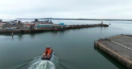 Aerial view of Holyhead RNLI boat leaving...