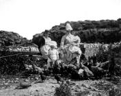 Feeding turkeys outside the farmhouse, Skomer...