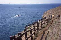 Visitors walking up the steps towards the Sales...